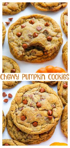 chewy pumpkin cookies with chocolate chips on top and in the middle, are shown