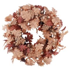 a wreath made out of leaves and acorns