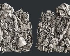 two drawings of santa claus and other christmas related items, one in black and white