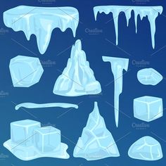 ice and icicles on a blue background, set of different shapes and sizes for design