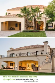 two pictures of a house with palm trees in the front yard and on the back