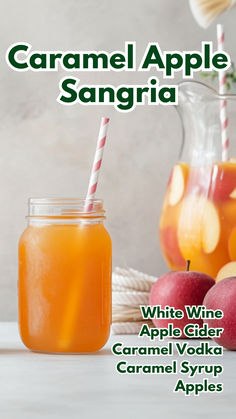 an image of caramel apple sangria with apples in the background