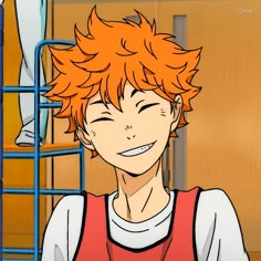 an anime character with orange hair smiling at the camera