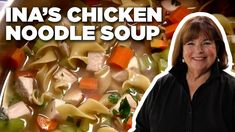 a woman is standing in front of a bowl of noodles and chicken noodle soup