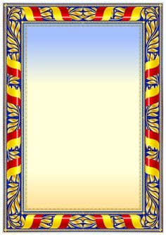 an ornate frame with red, yellow and blue trimmings on the edges is shown