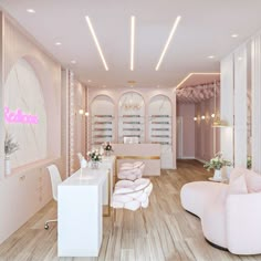 the interior of a nail salon with white furniture and pink accents on the walls, along with wooden flooring