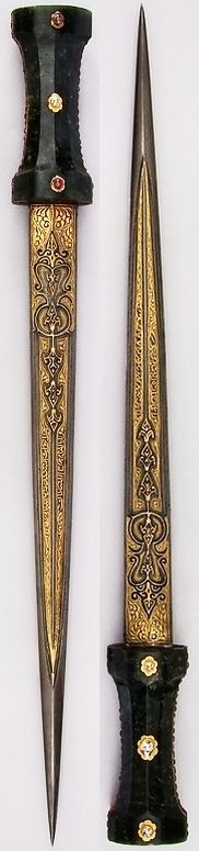 two black and gold decorative objects are on display in a museum setting, one is holding a knife