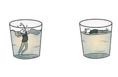 three glasses with different things in them, one is empty and the other has water