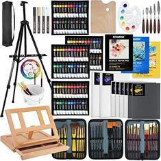 an assortment of art supplies displayed on a white background