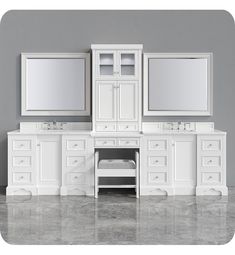 a white bathroom vanity with two mirrors above it and an open cabinet below the sink