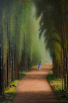 a painting of a woman walking down a dirt road lined with tall, green trees