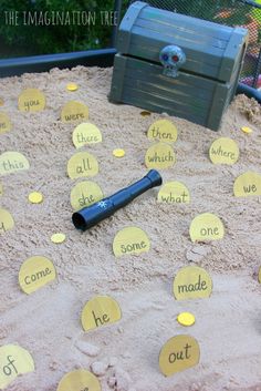 there is sand with words written on it and a flashlight in the middle, surrounded by coins