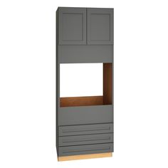 a gray cabinet with two doors on the bottom and one door open to reveal a shelf