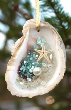 an ornament hanging from a tree with sea glass and starfish on it