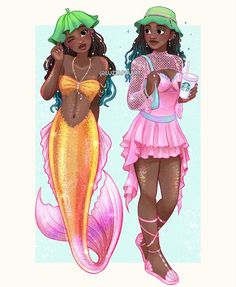 two girls dressed up as mermaids, one in pink and the other in yellow