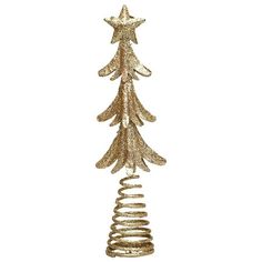 a gold christmas tree ornament on a white background