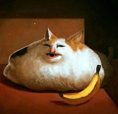 a painting of a cat laying on top of a banana peel with it's eyes closed