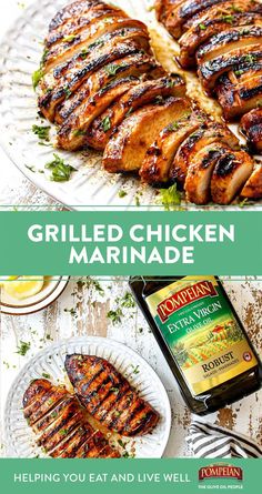 grilled chicken marinade on a plate next to a bottle of marinade