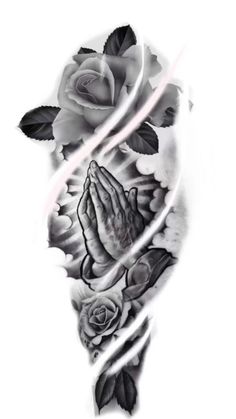 a black and white photo of a rose with praying hands tattoo on the left side of the arm