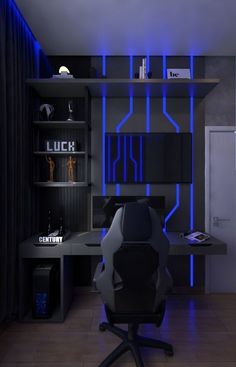 an office with black and blue lighting on the walls