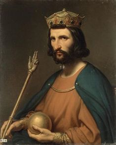 a painting of jesus holding a golden ball and wearing a blue robe with a crown on his head