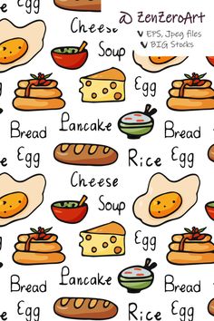 an image of different types of breads and eggs on a white background with words