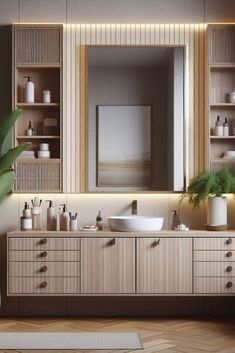 a bathroom with two sinks and wooden cabinets