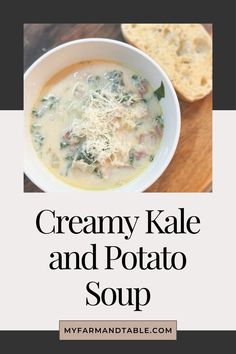 creamy kale and potato soup in a white bowl