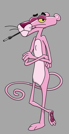 a cartoon pink rat with sunglasses and a whip on it's head, standing in front of a gray background