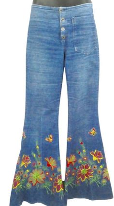 "These absolutely brilliant, genuine ,1960S, embroidered bell bottom jeans of hippiest fabulousness. XSSW They have a high waist. There is a cinch belt and buckle at the back of the jeans at waist level. The reverse side of the cinch belt is a little frayed, but is not really noticeable when done up...could be neatened by hand or some fabric facings could be added...but not really necessary. Fitted through to flares. Button up fly...PLEASE note: the second button from the bottom is different...see pics...priced accordingly  Patch pocket to left front. There are areas of fading...and a faded crease down front of legs...someone's mum liked to iron their pants with a crease...see pics Gorgeous, gorgeous hand embroidery...see pics...PLEASE note:the embroidery on the back of the left leg is unf Blue Flare Jeans For Festival, Cotton Hippie Flare Jeans For Spring, Wide Leg Hippie Jeans For Spring, Vintage Floral Print Straight Leg Bottoms, Hippie Wide Leg Jeans For Spring, Spring Hippie Wide Leg Jeans, Spring Hippie Wide-leg Jeans, Hippie Wide Leg Flare Jeans For Festival, Hippie Wide-leg Flare Jeans For Festival