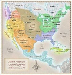 a map of the native american cultural regions, including north america and central america in 1900's