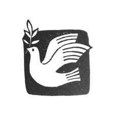 a black and white drawing of a dove with a twig in it's beak