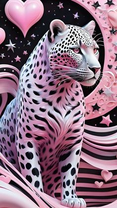 a painting of a leopard sitting on top of a pink and black background with hearts