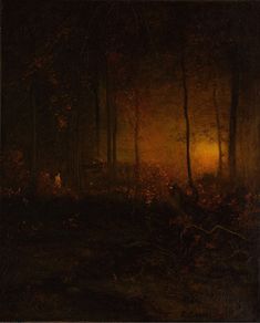 an oil painting of a forest at night with light coming through the trees and people in the distance