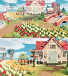 there are two pictures with flowers and houses in the same photo, one has a red roof