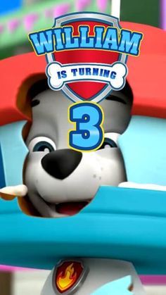 a cartoon dog with a surfboard in his mouth and the name william is turning 3