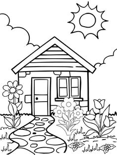 a house in the garden with flowers and rocks coloring pages for kids, printable