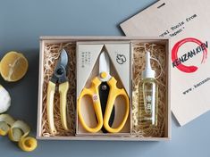 two pairs of scissors in a box next to lemons and an empty glass bottle