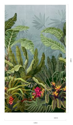 an illustration of tropical plants and flowers in three different panels, each with the same color scheme