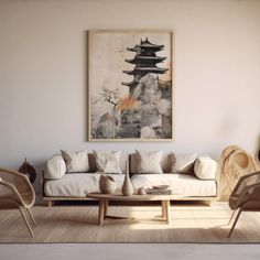 a living room filled with furniture and a painting on the wall