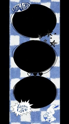 the back side of a blue and white checkered table cloth with black oval frames