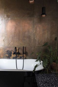 a white bath tub sitting next to a green plant in a room with brown walls