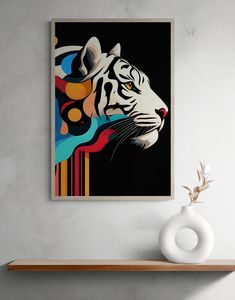 a white tiger with multicolored stripes on it's face in front of a black background