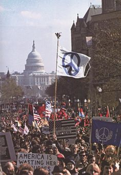 a large group of people holding signs and flags