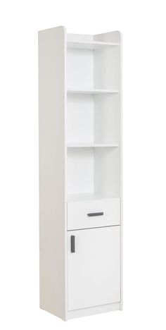 a white bookcase with an open door