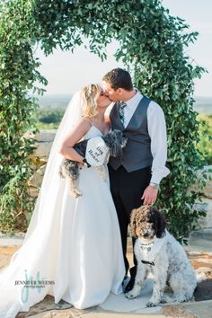 a bride and groom kissing with their dogs in front of an arch made of ivy