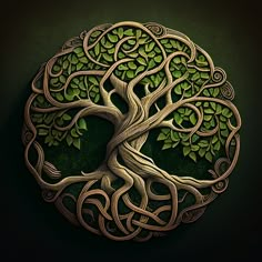 a tree with many branches and green leaves in the shape of a circle on a black background