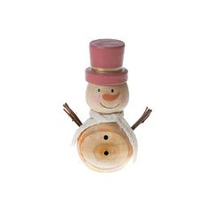 a small wooden snowman with a pink hat