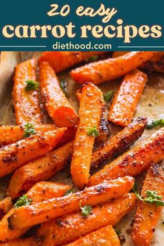 carrots with herbs on top and text overlay that reads 20 easy carrot recipes