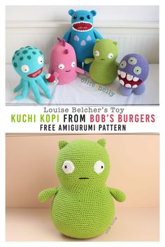 three stuffed animals sitting next to each other on top of a table with the caption kuchi kopi from bob's burgers free amigurmi pattern